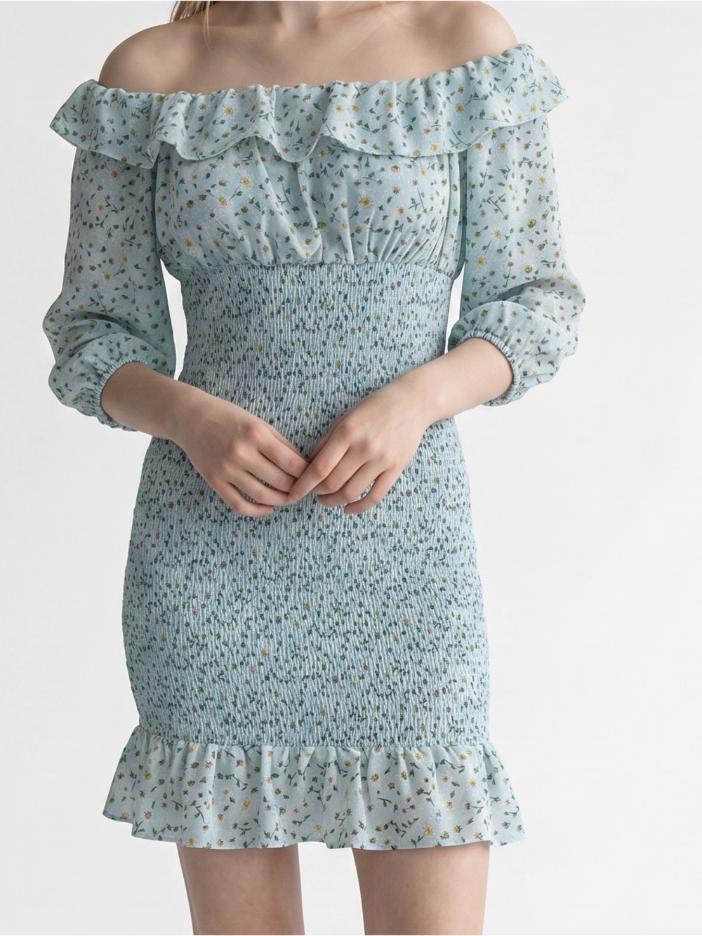 Forever 21 Light Green Dirsy Floral Smocked Off-Shoulder Dress Small - Picture 6 of 7